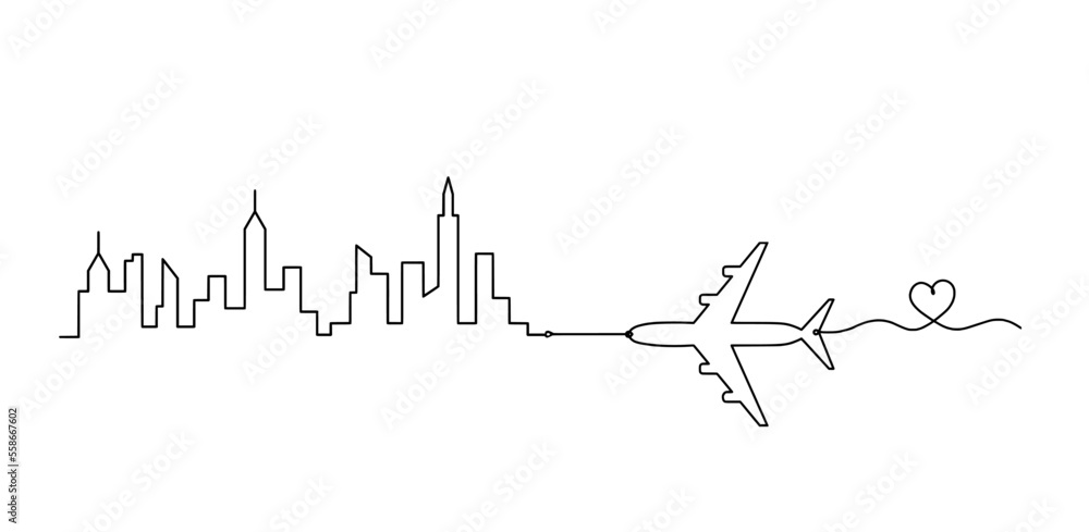 Abstract panoramic landscape with plane as continuous lines drawing on white. Vector