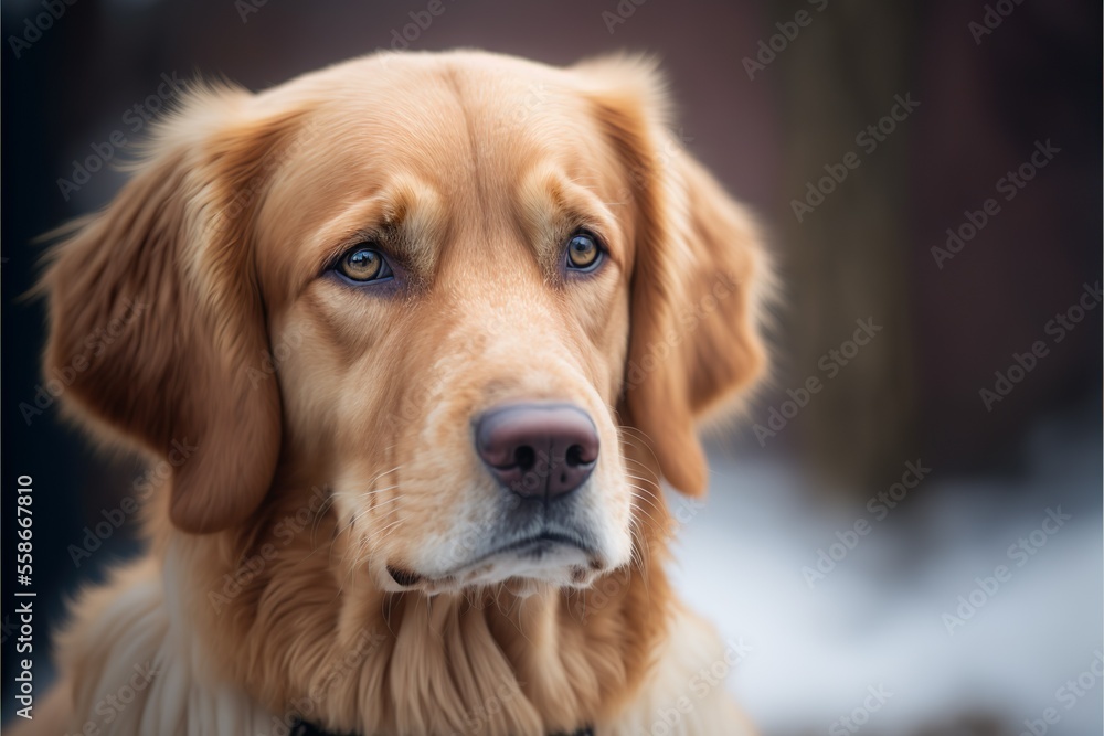 A portrait of a beautiful golden retriever with a mysterious look in his eyes.