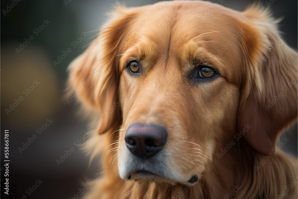 A portrait of a beautiful golden retriever with a mysterious look in his eyes. Human-like expression!