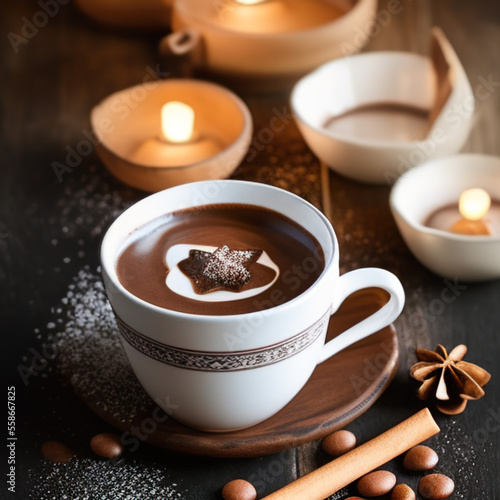 cup of hot chocolate coffee with cocoa, sugar powder and winter spices on cozy wooden background