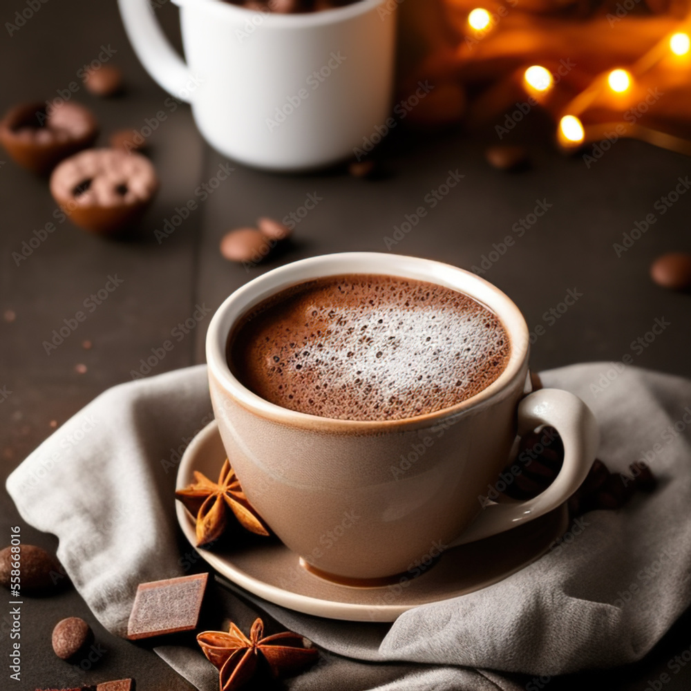 cup of hot chocolate coffee with cocoa, sugar powder and winter spices on cozy wooden background cup of hot chocolate coffee with cocoa, sugar powder and winter spices on cozy wooden background