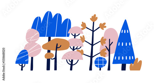 Childish forest trees in Scandinavian doodle style. Fairytale woods. Primitive fiction whimsical woodland. Scandi fantastic naive flat vector illustration isolated on white background