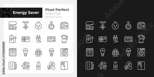 Energy saver pixel perfect linear icons set for dark, light mode. Smart home appliances. Internet of things. Thin line symbols for night, day theme. Isolated illustrations. Editable stroke