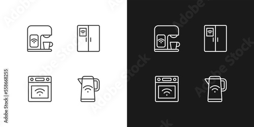 Smart kitchen appliances pixel perfect linear icons set for dark, light mode. Device for cooking. Smart home technology. Thin line symbols for night, day theme. Isolated illustrations. Editable stroke