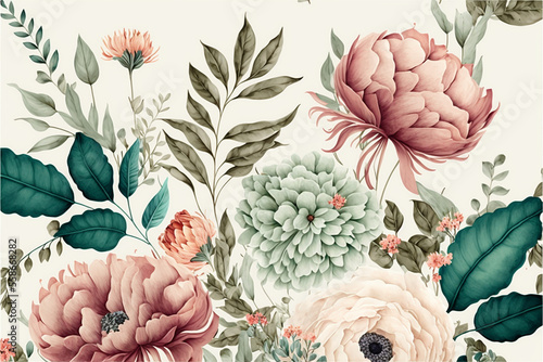 Delicate floral watercolor pattern, floral design for textile and background, watercolor peony flowers and green leaves, soft colors, boho style. Generative AI