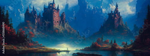 Terrifying castle in a dramatic blue atmosphere of fear. Generative AI © 4K_Heaven