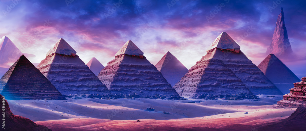 Abstract pyramids on colorful desert. Generative AI Abstract pyramids on colorful desert. Generative AI