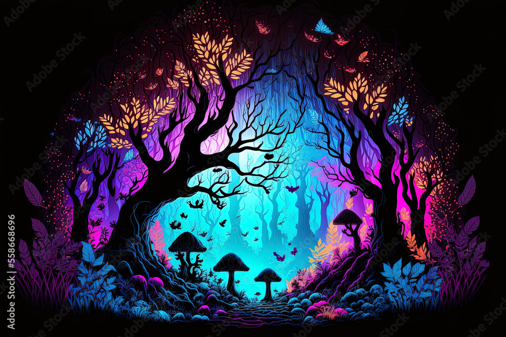 Fantasy neon lit woodland with bright foliage that resembles a storybook. Generative AI