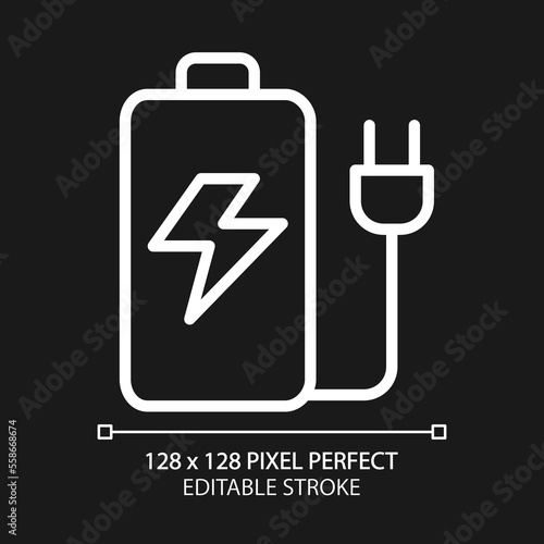 Rechargeable battery pixel perfect white linear icon for dark theme. Energy accumulator. Portable power storage. Thin line illustration. Isolated symbol for night mode. Editable stroke