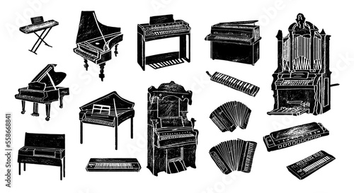 Keyboard musical instrument vector musician equipment piano of orchestra synthesizer accordion classical pianoforte organ illustration. Set of music key board forte-piano isolated on white background.