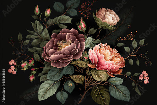 Floral pattern of flowers, peonies and roses with elements of green leaves on black background, illustration of floral background, nature concept. Generative AI.
