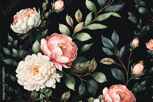 Floral pattern of flowers, peonies and roses with elements of green leaves on black background, illustration of floral background, nature concept. Generative AI.