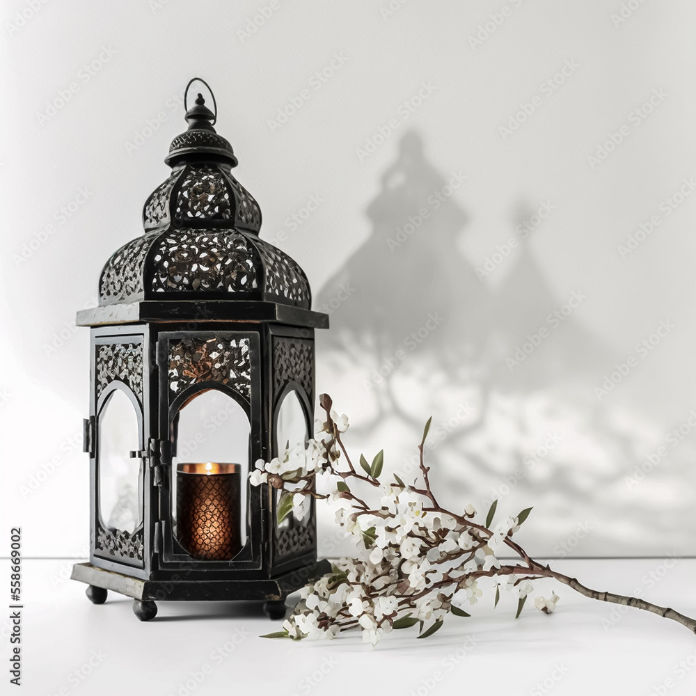 ornamental black Moroccan Arabic lantern with blooming prunus tree branches on a white background ornamental black Moroccan Arabic lantern with blooming prunus tree branches on a white background