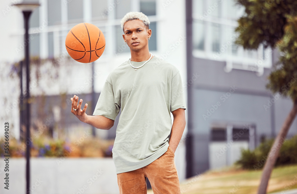 Obraz Fashion, fitness or portrait of black man with basketball in training practice, workout or exercise on city basketball court. Sports, game or male model with cool trendy clothes, Motivation or talent fototapeta, plakat