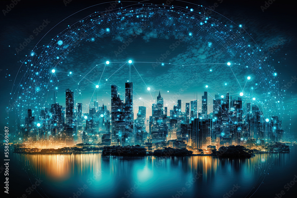 Smart city with a cityscape and wireless network connectivity. notion of massive data connectivity technology. Concept of wireless network and connection technologies against a nighttime cityscape