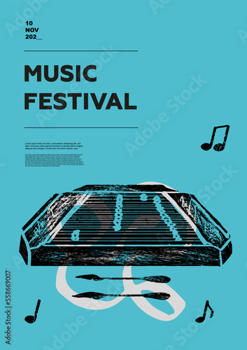 Cimbalom, Gusli, harp, folk. Music festival poster. String musical instruments. Competition. A set of vector illustrations. Minimalistic design. Banner, flyer, cover, print.	