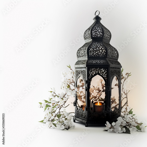 ornamental black Moroccan Arabic lantern with blooming prunus tree branches on a white background