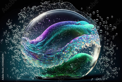 Clean soap and detergent wave, light effect with sparkling bubbles. For the creation of shampoo or laundry detergent advertisements, isolated translucent abstract foam, glittering vortices, and dynami