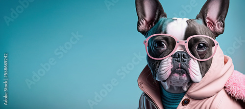 banner of fashion cute dog wearing clothes, isolated on blue background, cute puppy photo, wearing glasses, Generative AI