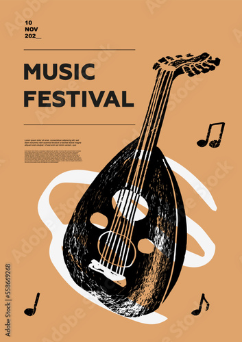 Oud, folk. Music festival poster. String musical instruments. Competition. A set of vector illustrations. Minimalistic design. Banner, flyer, cover, print.	