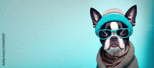 banner of fashion cute dog wearing clothes, isolated on blue background, cute puppy photo, wearing glasses, Generative AI © pham