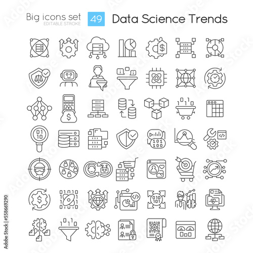 Data science trends linear icons set. Information analytics technology. Datalogy innovations. Customizable thin line symbols. Isolated vector outline illustrations. Editable stroke