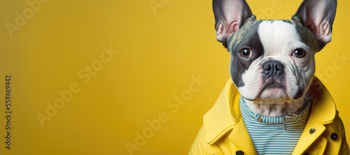 banner of fashion cute dog wearing clothes, isolated on yellow background, cute puppy photo, Generative AI