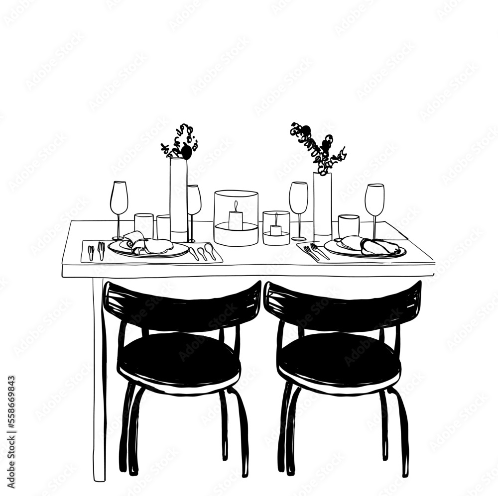 Furniture in cafe. Table and chair sketch. Food adn drink on table Furniture in cafe. Table and chair sketch. Food adn drink on table