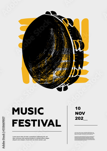 Tambourine. Music festival poster. Percussion musical instruments. Competition. A set of vector illustrations. Minimalistic design. Banner, flyer, cover, print.
