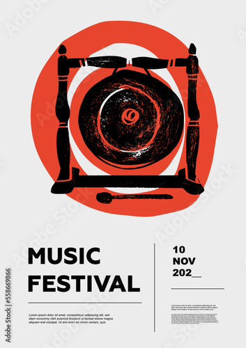 Gong, Chau, tam-tam, dora, nipple, opera. Music festival poster. Percussion musical instruments. Competition. A set of vector illustrations. Minimalistic design. Banner, flyer, cover, print. photo