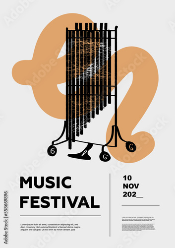 Tubular bells, chimes. Music festival poster. Percussion musical instruments. Competition. A set of vector illustrations. Minimalistic design. Banner, flyer, cover, print.
