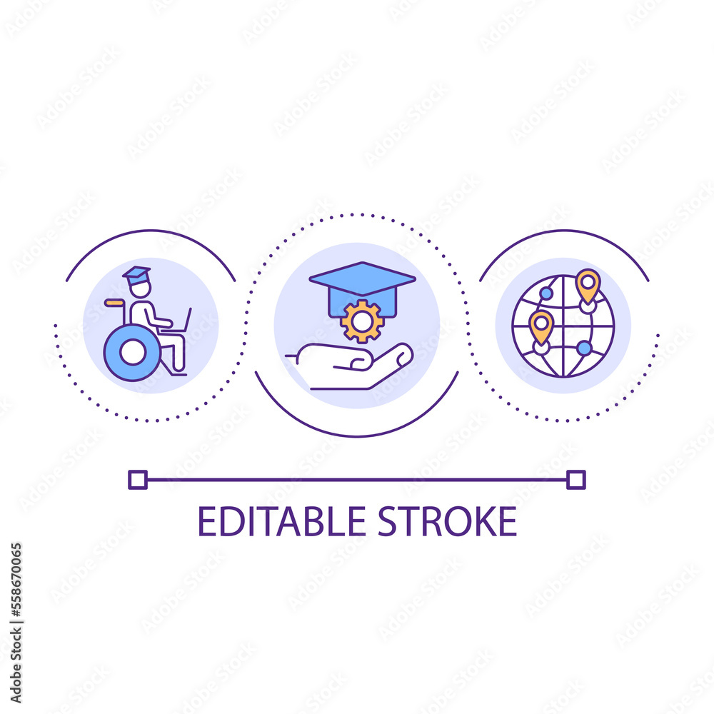 Accessible education loop concept icon. Distance learning. Elearning. Available worldwide abstract idea thin line illustration. Isolated outline drawing. Editable stroke. Arial font used