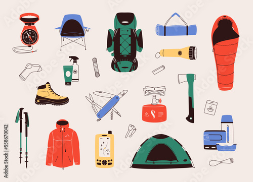 Flat design vector illustration of hiking, trekking or camping objects or equipment. Set includes icons of tent, backpack, gas stove, clothing, compass, multitool, travel mat and other accessories.