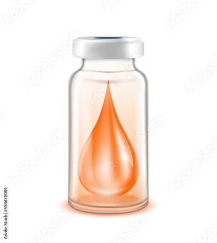 Drop serum collagen vitamins inside vaccine bottle. Used for beauty and medical advertisements. Glass bottle orange isolated on white background. 3D vector EPS10.