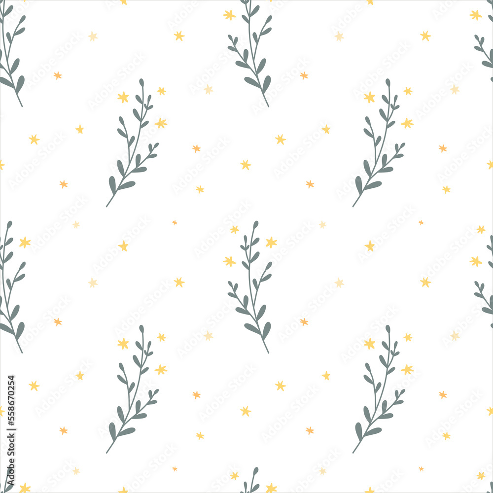 Cute minimalist seamless vector pattern with hand drawn branches with stars. Childish Style nursery art perfect for fabric, textile.