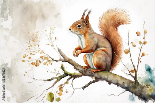 a painting of a squirrel sitting on a tree branch with leaves and berries on it s back legs  with its front paws on a branch  with a white background of watercolor. Generative AI