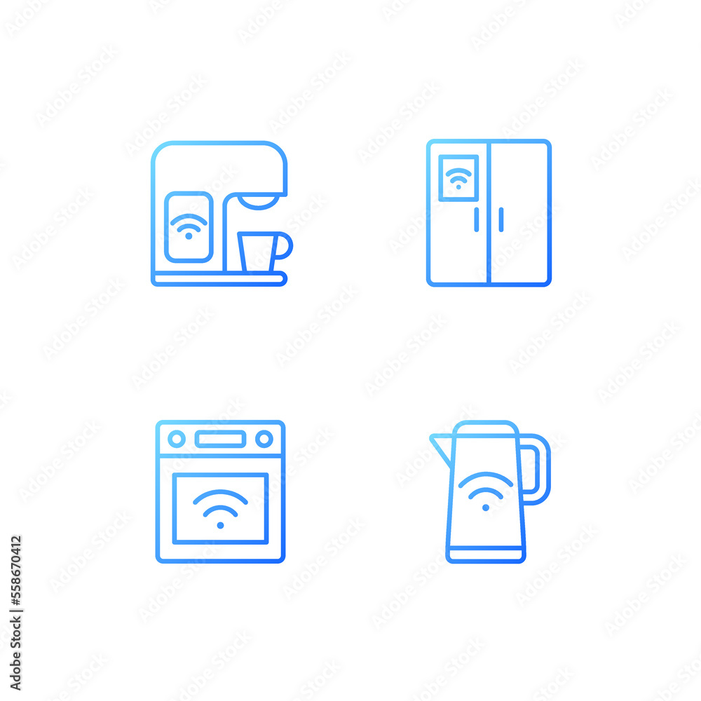 Smart kitchen appliances pixel perfect gradient linear vector icons set. Devices for cooking. Smart home technology. Thin line contour symbol designs bundle. Isolated outline illustrations collection Smart kitchen appliances pixel perfect gradient linear vector icons set. Devices for cooking. Smart home technology. Thin line contour symbol designs bundle. Isolated outline illustrations collection