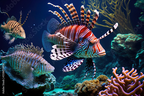 Fish  lionfish  zebra  and volitan pterois. Generative AI