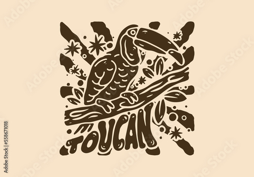 Illustration drawing of toucan bird standing on a tree trunk