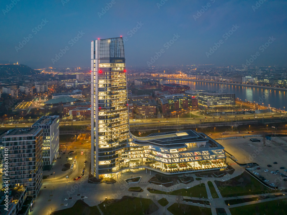 Obraz premium Hungary - Budapest landscape with the amazing highest skyscraper (MOL HQ) from drone view at night