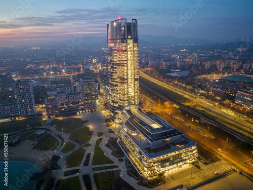 Hungary - Budapest landscape with the amazing highest skyscraper (MOL HQ) from drone view at night