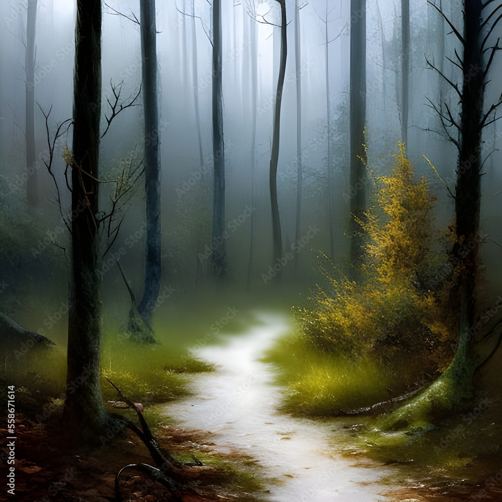 Beautiful Foggy Forest Road with Mist, Trees an Bushes | 8k Watercolor Art