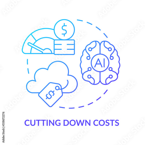 Cutting down costs blue gradient concept icon. Reduce expenses. AI in cloud computing advantages abstract idea thin line illustration. Isolated outline drawing. Myriad Pro-Bold font used