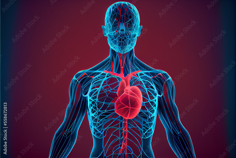 Polygonal image of the system of blood vessels of the heart and lungs of the human body with blue and red lines on a colored background, anatomical model, 3D illustration. Generative AI Polygonal image of the system of blood vessels of the heart and lungs of the human body with blue and red lines on a colored background, anatomical model, 3D illustration. Generative AI
