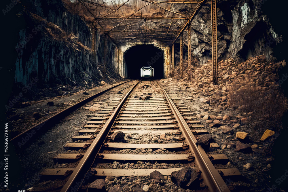 abandoned uranium mine with rusting railroad relics that is dark and unclean. Generative AI abandoned uranium mine with rusting railroad relics that is dark and unclean. Generative AI