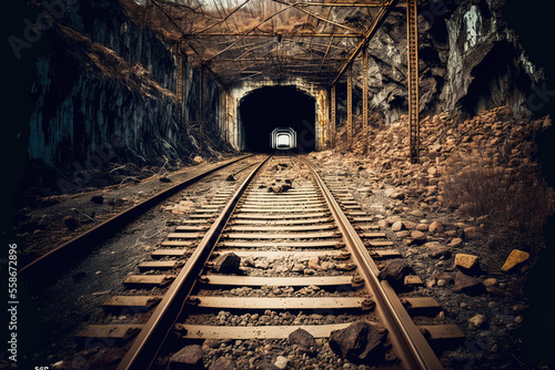 abandoned uranium mine with rusting railroad relics that is dark and unclean. Generative AI photo