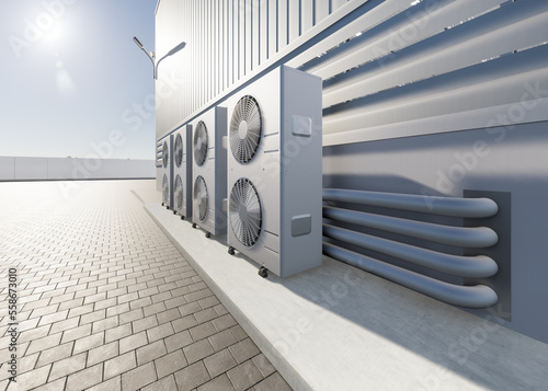 3d rendering of condenser unit or compressor outside factory plant. Unit of ac air conditioner, heating ventilation or hvac air conditioning system. Include fan, coil and pump inside for heat and cool photo