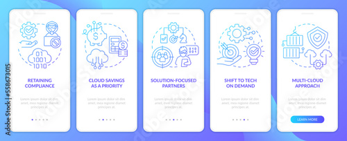 Cloud computing innovations trends blue gradient onboarding mobile app screen. Walkthrough 5 steps graphic instructions with linear concepts. UI, UX, GUI template. Myriad Pro-Bold, Regular fonts used