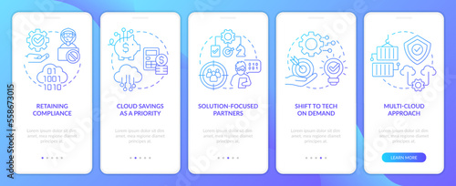 Cloud computing innovations trends blue gradient onboarding mobile app screen. Walkthrough 5 steps graphic instructions with linear concepts. UI  UX  GUI template. Myriad Pro-Bold  Regular fonts used