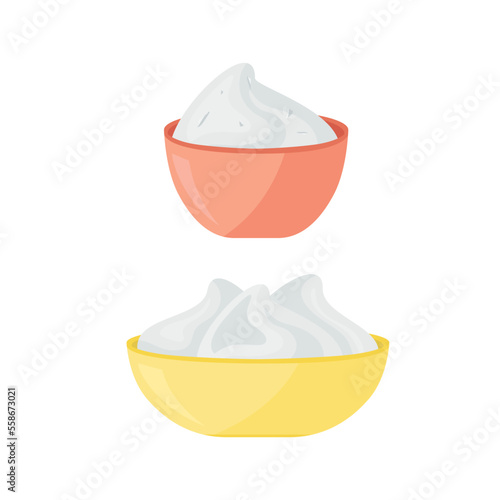 Sour cream, mayonnaise in a plate. Vector set in flat style